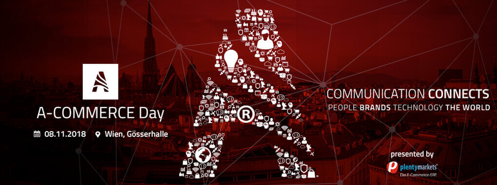 Werbeanzeige für den A-Commerce Day 2018 in Wien. Ein großes A bestehend aus verschiedenen Symbolen auf einem roten Hintergrund ist zu sehen.