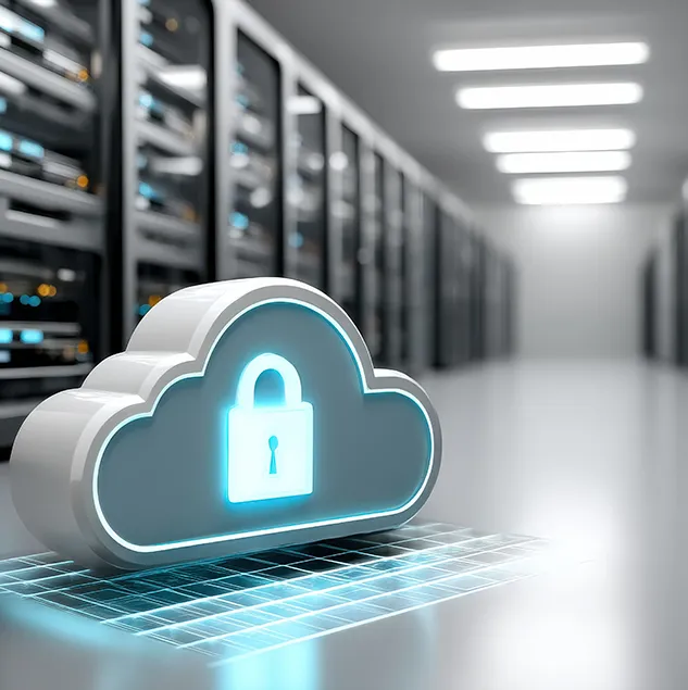 Leuchtendes Cloud-Symbol mit Vorhängeschloss in einer modernen Serverumgebung, als Darstellung für Cloud-Sicherheit und Datenschutz im Rechenzentrum.