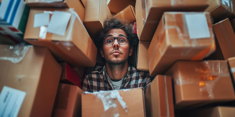 Das Bild zeigt einen Mann mit Brille und kariertem Hemd, umgeben von zahlreichen Kartons. Er schaut etwas verzweifelt in die Kamera