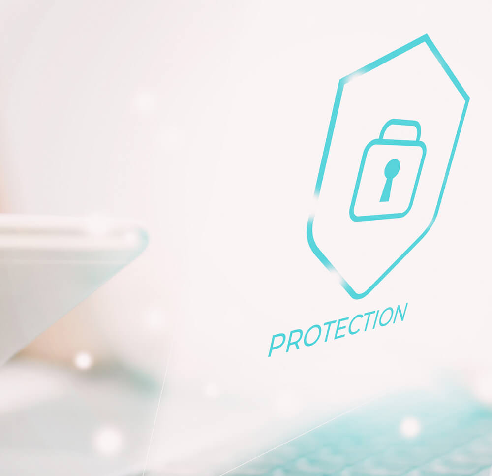 Das Bild zeigt die Abbildung eines Vorhängeschlosses. Darunter steht das Wort Protection. Der Hintergrund ist in weißen und beige Tönen gehalten.