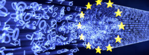 The picture shows the colors and stars of the European Union. In front of and behind them are ones and zeros, as if in a maelstrom.