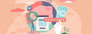 Graphic shows the cycle of the subscription model in many colors and shapes