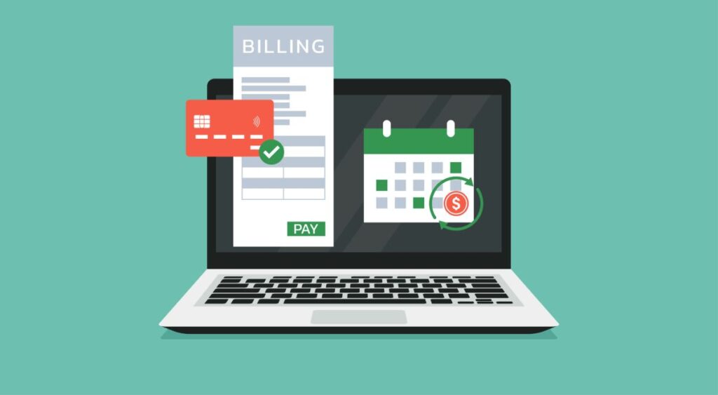 Billing ist das Thema des Bildes. Es zeigt einen Laptop in Frontalansicht, auf dessen Bildschirm ein Kalender, eine Rechnung (Bill) sowie eine Kreditkarte abgebildet sind. Der Hintergrund des Bildes ist grün.