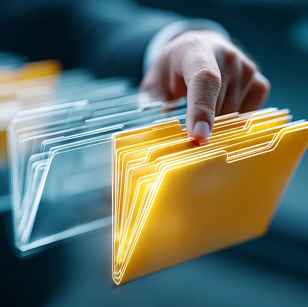 Hand greift nach digital animierten Ordnern– Symbol für effiziente Datenstruktur und IT-Beratung.