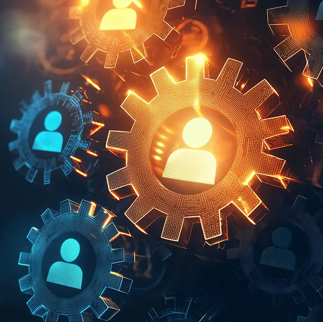 Zahnräder mit Nutzer-Icons, leuchtend vernetzt – Darstellung effizienter Systemintegration und Prozessvernetzung.