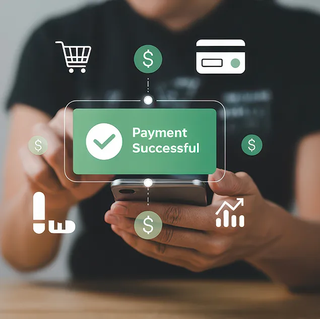 Nutzer bestätigt mobile Zahlung mit Smartphone – umgeben von digitalen Zahlungssymbolen und Erfolgsanzeige.