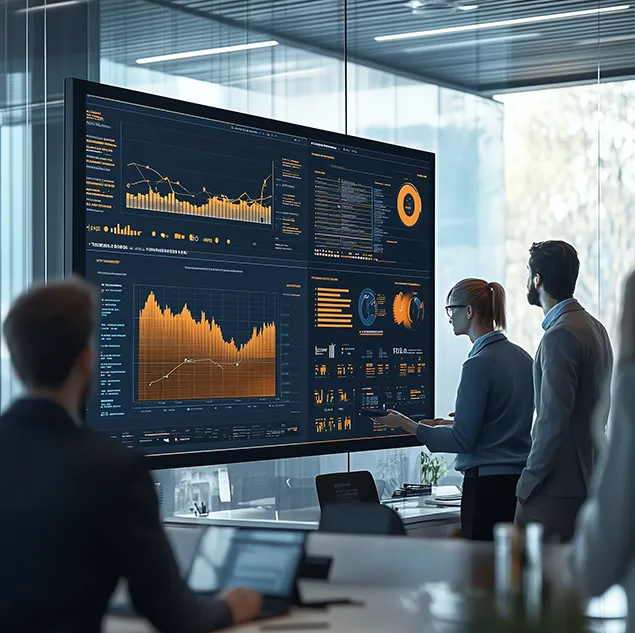 Nutzer werten digitale Dashboards mit KI-gestützten Finanzdaten aus – Darstellung moderner Reporting-Prozesse.