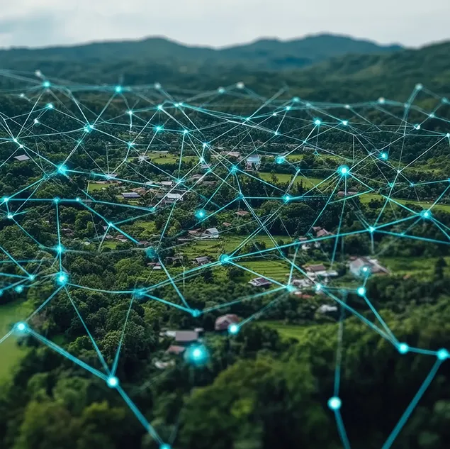 Digitale Netzwerkverbindungen über einer ländlichen Landschaft – Symbol für dezentrale Dateninfrastruktur und globale Systemintegration
