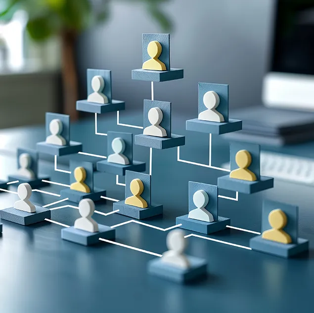 Organigramm aus abstrakten Nutzerfiguren auf Schreibtisch – Symbol für strukturierte Reporting-Hierarchie und Verantwortlichkeiten