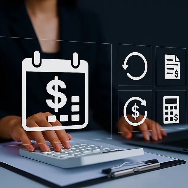 Digitale Kalender- und Zahlungssymbole über einem Arbeitsplatz – Symbol für automatisiertes Subscription Billing.