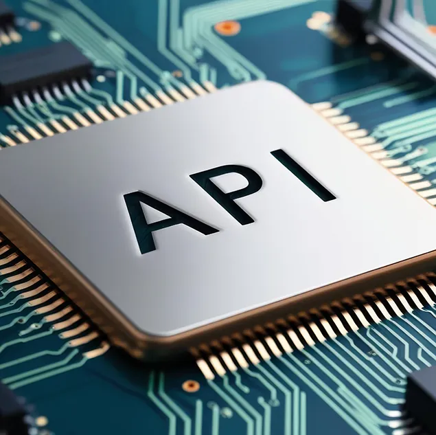 Nahaufnahme eines Computerchips mit der Aufschrift API – steht für moderne Technologie, Systemintegration und Schnittstellenlösungen.