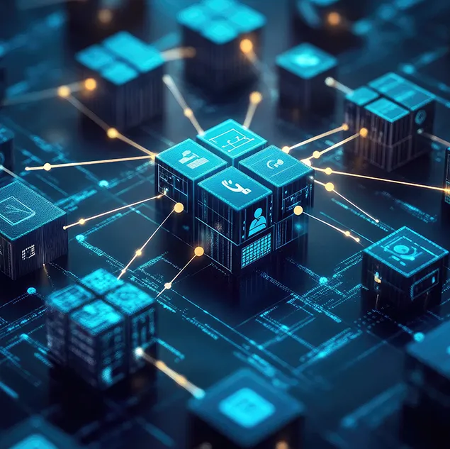 Digitale Darstellung vernetzter Datenmodule – symbolisch für die Kernmodelle und modularen Systemlösungen von nexnet.