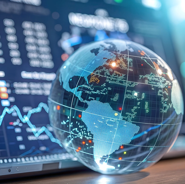 Digitale Weltkugel vor Finanzdiagrammen und Datenanalysen auf einem Bildschirm – symbolisch für erfolgreiches Finanzmanagement und globale Markttransparenz.