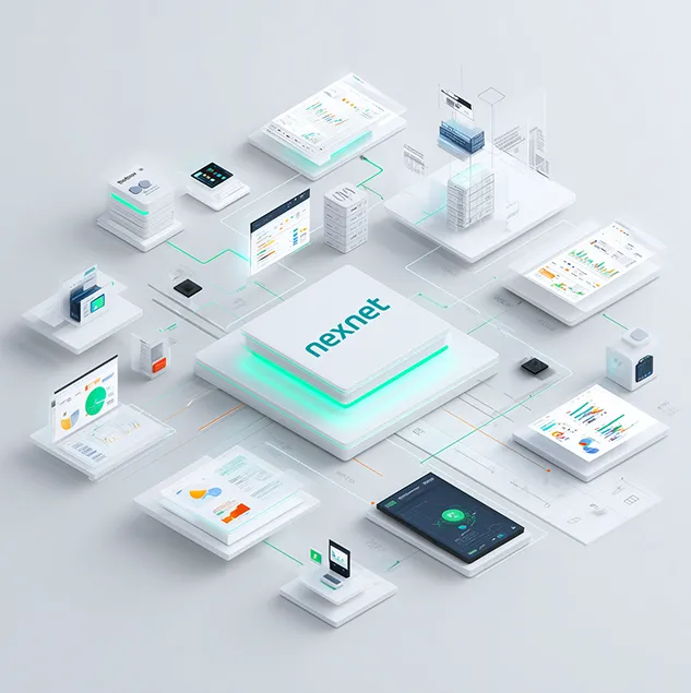 Digitale Visualisierung der nexnet Plattform mit vernetzten Dashboards und Analyse-Tools, die einen Überblick über Billing-, Accounting- und Payment-Prozesse zeigen.
