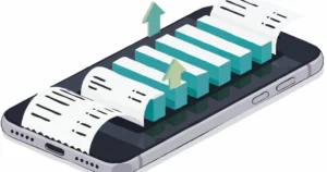 Smartphone displays rising bars made of paper invoices—a symbol of the digitization of invoicing processes through e-invoicing