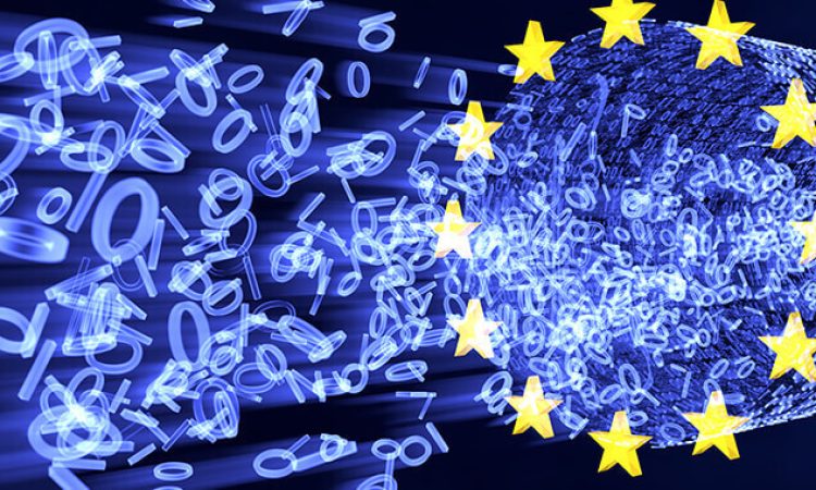 The picture shows the colors and stars of the European Union. In front of and behind them are ones and zeros, as if in a maelstrom.