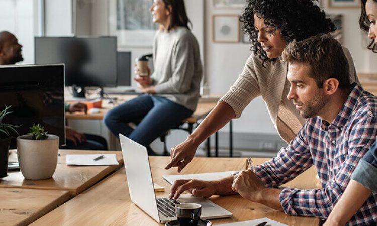 A group of women and men work in a modern office.