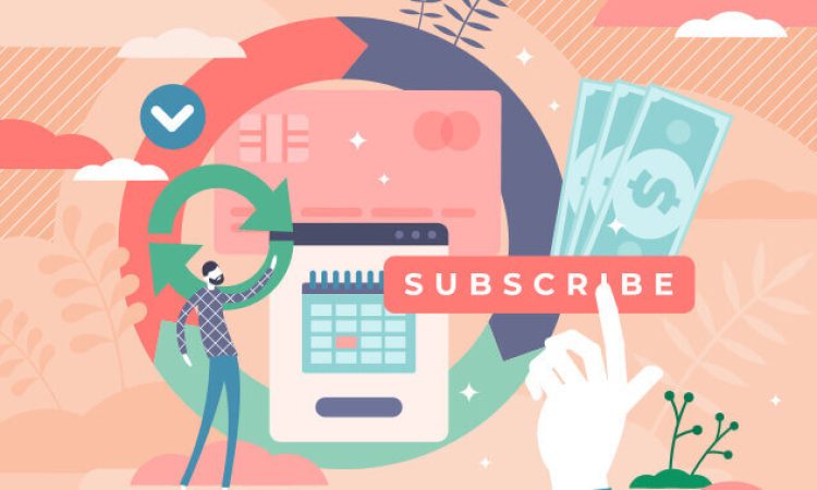 Graphic shows the cycle of the subscription model in many colors and shapes