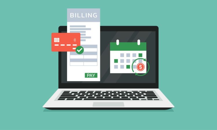 Billing ist das Thema des Bildes. Es zeigt einen Laptop in Frontalansicht, auf dessen Bildschirm ein Kalender, eine Rechnung (Bill) sowie eine Kreditkarte abgebildet sind. Der Hintergrund des Bildes ist grün.