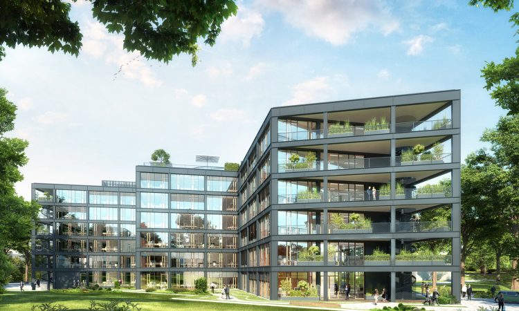 Das Bild zeigt das Bürogebäude grasblau in dem nun auch die nexnet GmbH ihr Büro hat. Zu sehen ist ein modernen Glasbau mit grüner Bepflanzung.