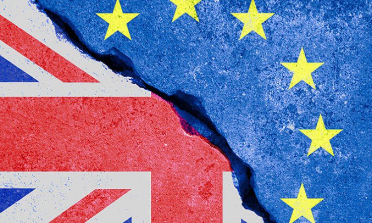 Flag of Great Britain and flag of the EU, shown divided.