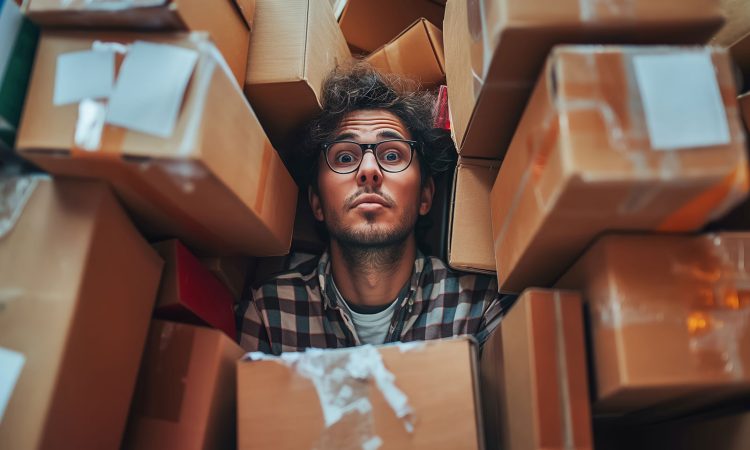 The picture shows a man with glasses and a checked shirt, surrounded by numerous cardboard boxes. He looks somewhat desperately into the camera.