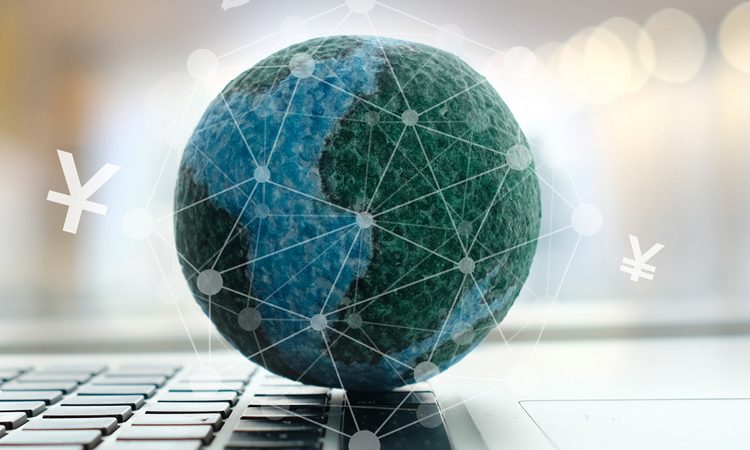 The picture shows the globe rolling over a keyboard. A pattern of interconnected, almost transparent dots can be seen above it. The dots are arranged like a grid. The image is called reverse-charge method.