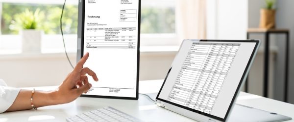 Das Bild zeigt eine Person im Büro, die an einem Schreibtisch arbeitet und auf zwei Monitore schaut. Die Monitore zeigen Tabellen und Rechnungen. Die Person macht einen Zahlungsabgleich. Mit nexnet kann ein automatischer Zahlungsabgleich durchgeführt werden.